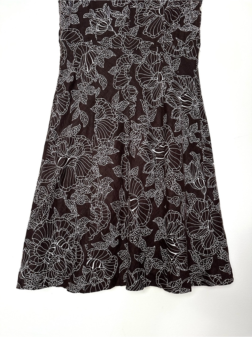 Vintage 100% Linen Chocolate Brown Floral Midi Dress Coastal Comfort Minimalist - Picture 10 of 12